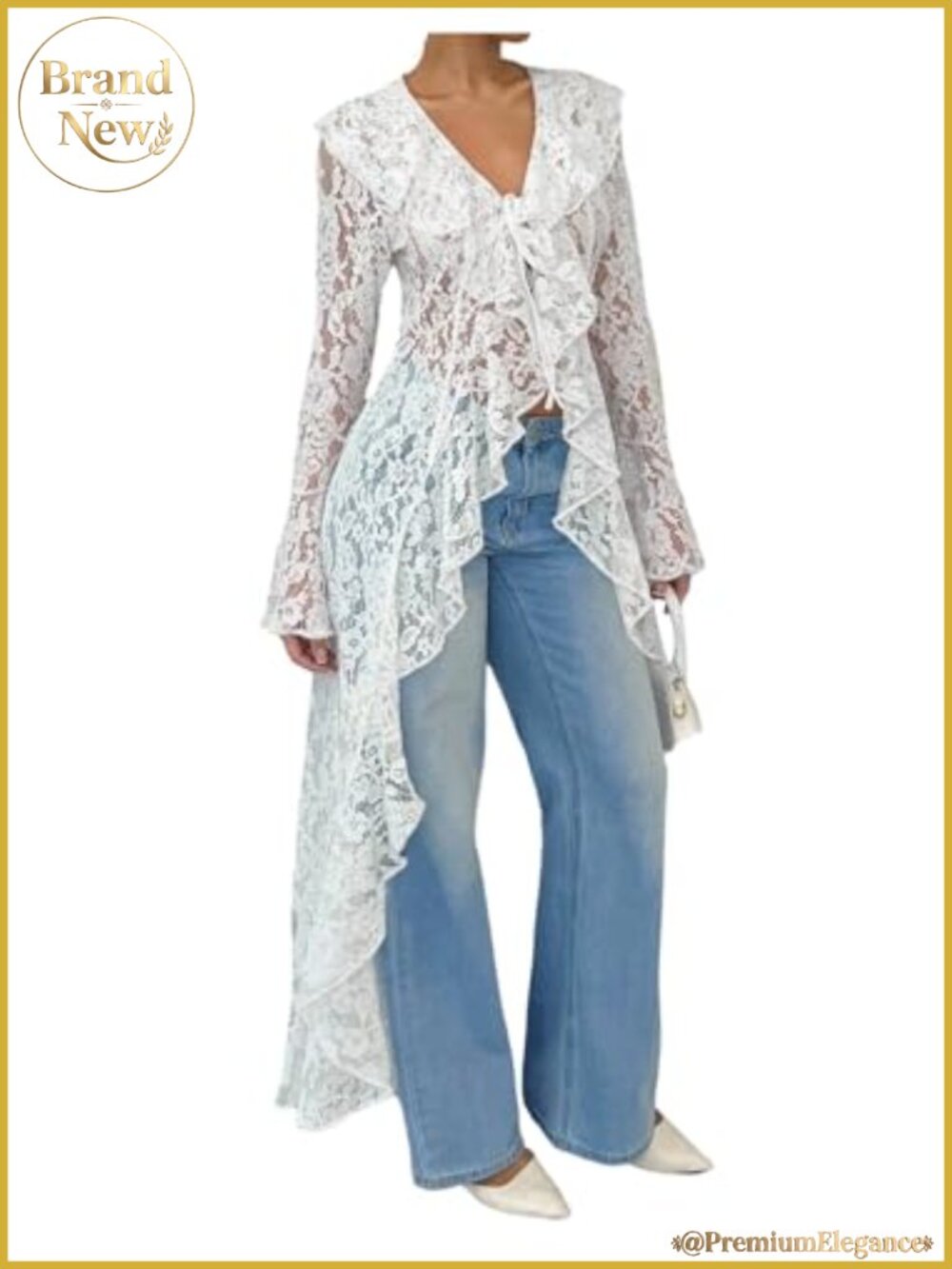 Women's Floral Lace Ruffle High Low Long Sleeve Cardigan Tie Front